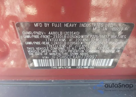 2010 Subaru Forester 2.5X Premium z USA, uszkodzony, nr VIN JF2SH6CCXAH778997